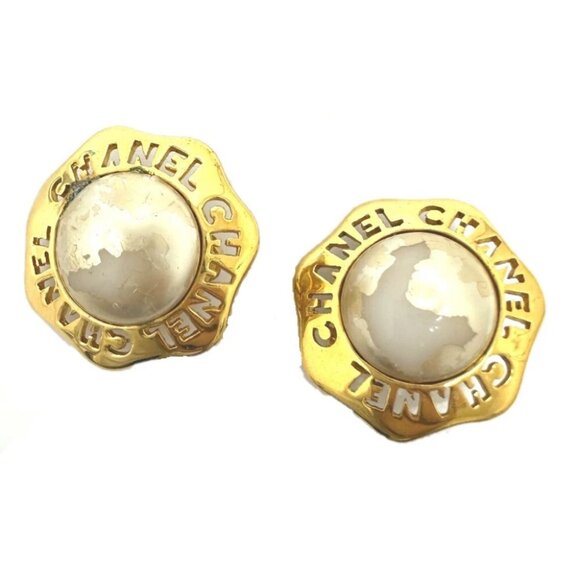 CHANEL CC CC Mark Faux pearl vintage Earrings Gold Plated Gold - Picture 1 of 9